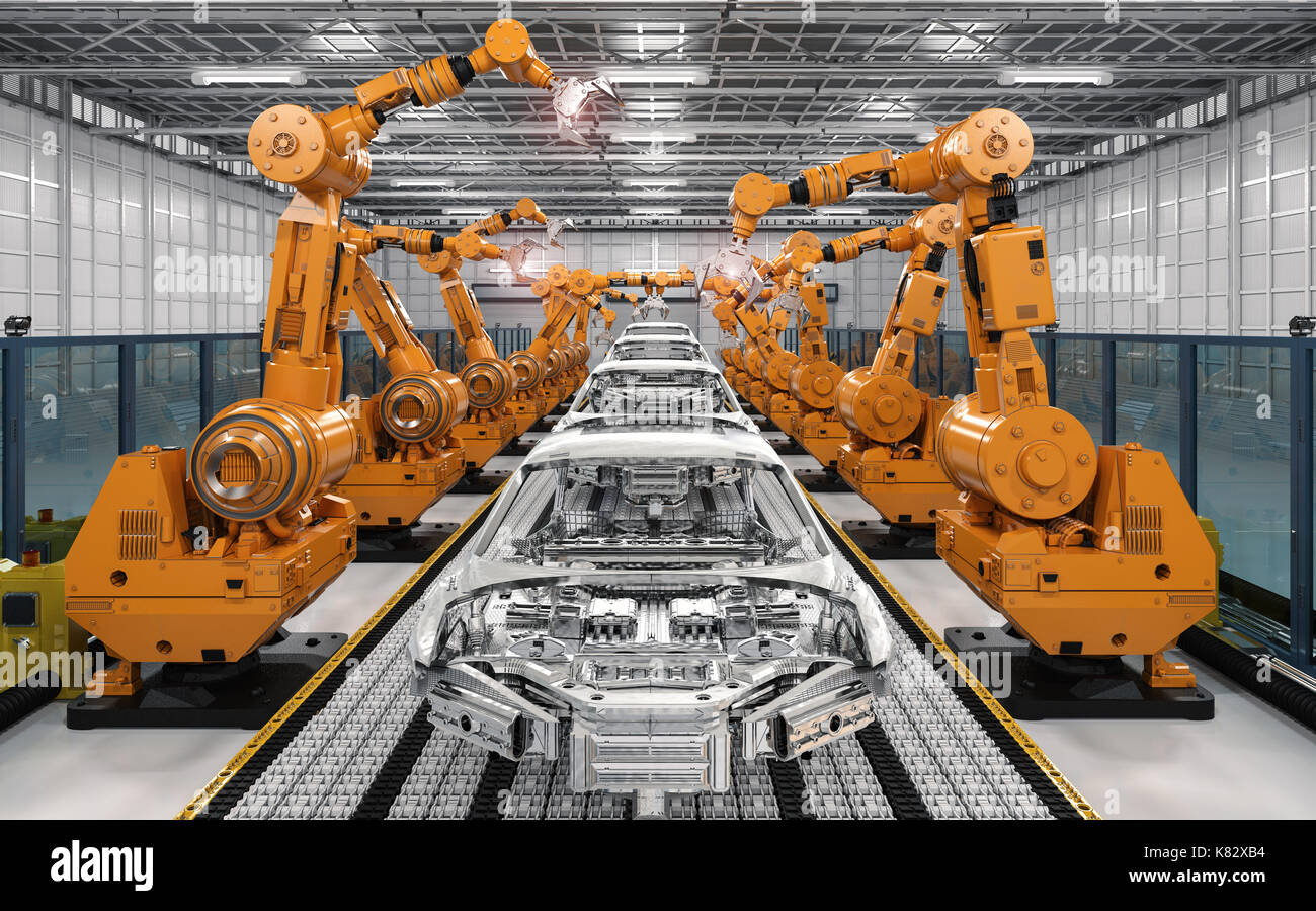 3d rendering robot assembly line in car factory Stock Photo