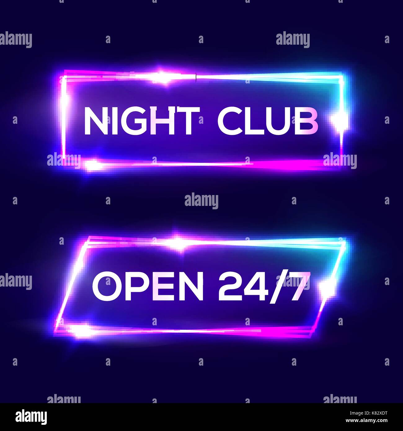Open 24 7 Hours. Night Club Neon Sign. 3d Retro Light Bar Glowing Set With Neon Effect. Techno Frames On Dark Blue Backdrop. Electric Street Banners Design. Colorful Vector Illustration in 80s Style. Stock Vector