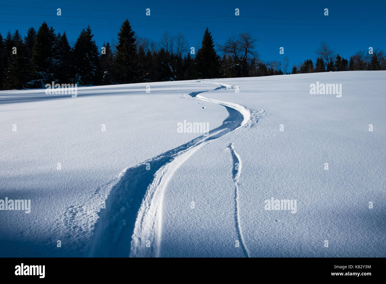 Ski traces in snow, Beskidy mountains, Poland Stock Photo