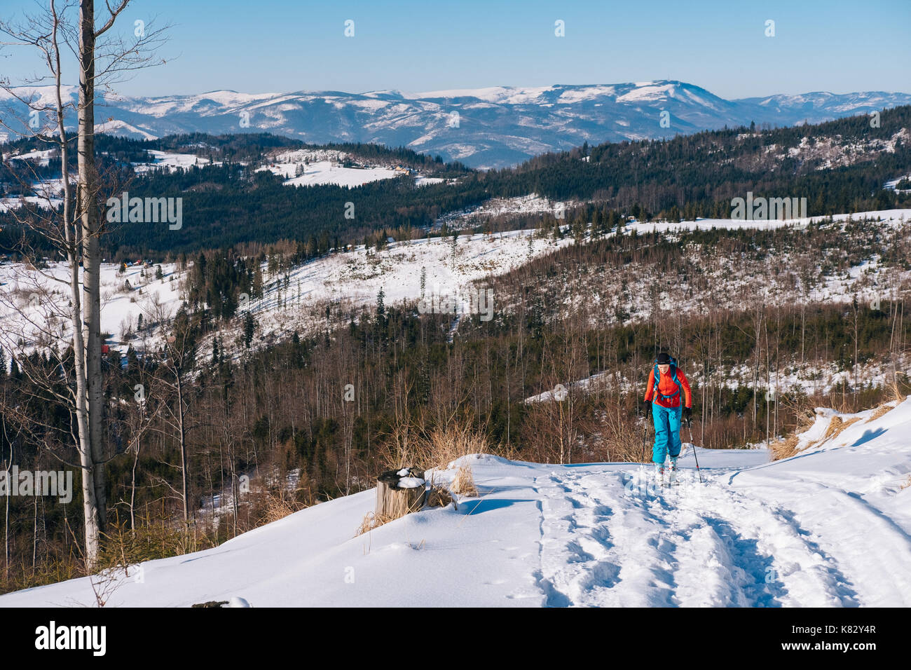 Ski touring in Poland, Beskidy mountains, Pilsko, Rysianka Stock Photo