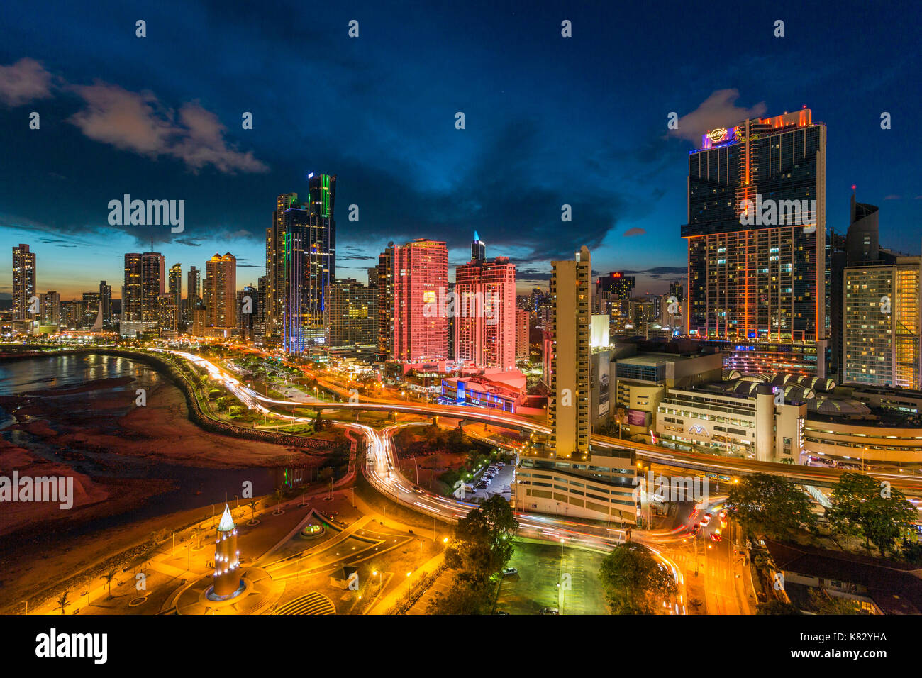City skyline illuminated at dusk, Panama City, Panama, Central America Stock Photo