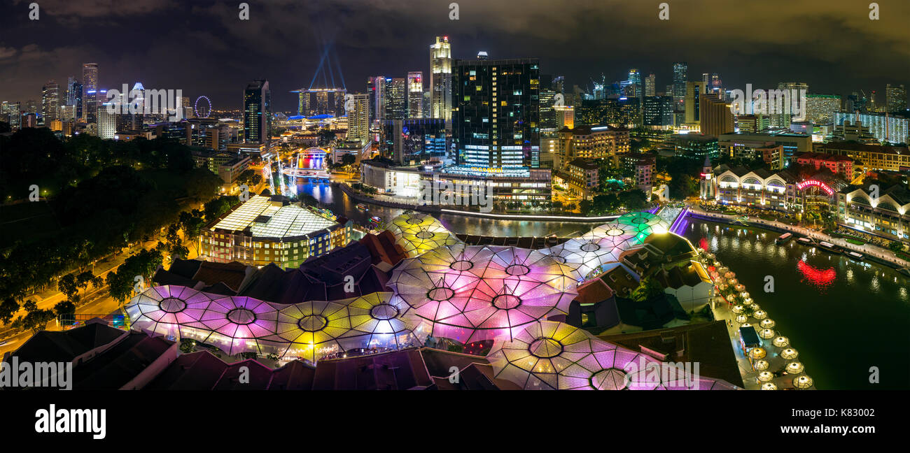 Elevated view over the city skyline and riverside restaurants at the entertainment district of Clarke Quay, Singapore, South East Asia Stock Photo