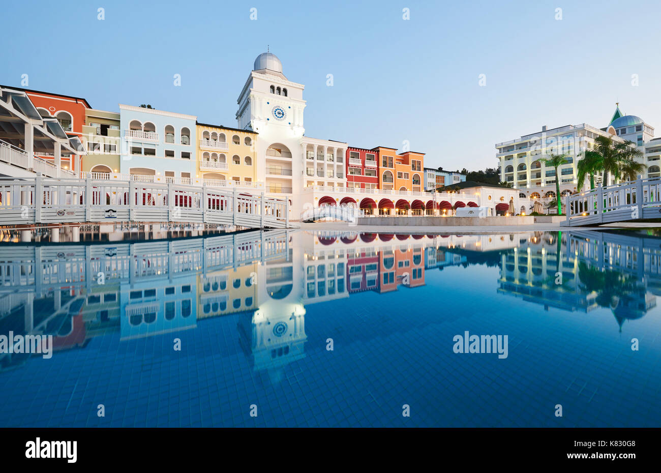 Swimming pool and beach of luxury hotel and outdoor pools and a spa. Amara Dolce Vita Luxury Hotel. Resort. Tekirova-Kemer. Turkey. Stock Photo