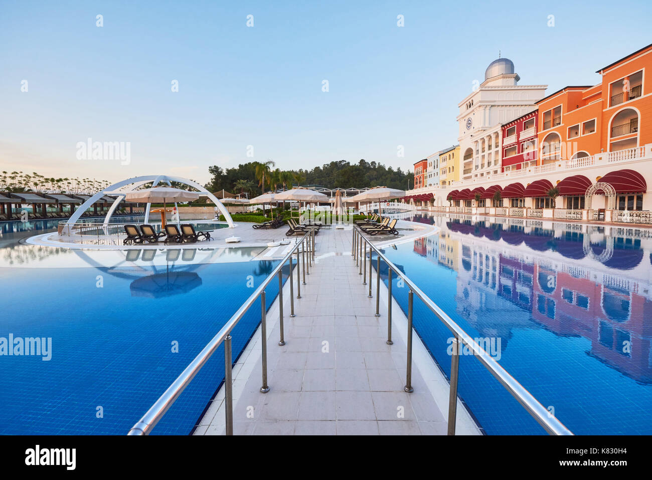 Swimming pool and beach of luxury hotel. Type entertainment complex. Amara Dolce Vita Luxury Hotel. Resort. Tekirova-Kemer Stock Photo