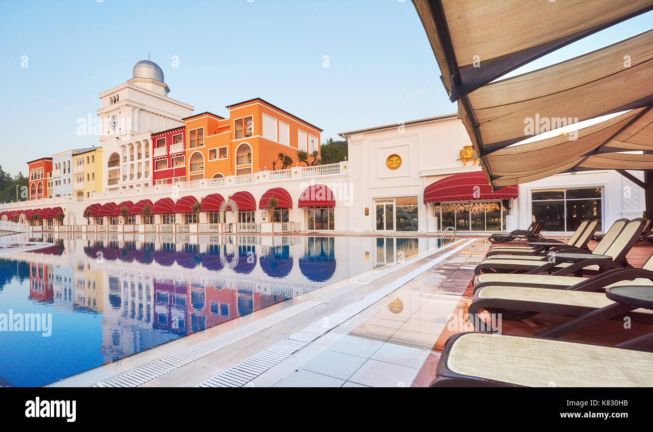 Swimming pool and beach of luxury hotel. Type entertainment complex. Amara Dolce Vita Luxury Hotel. Resort. Tekirova-Kemer Stock Photo