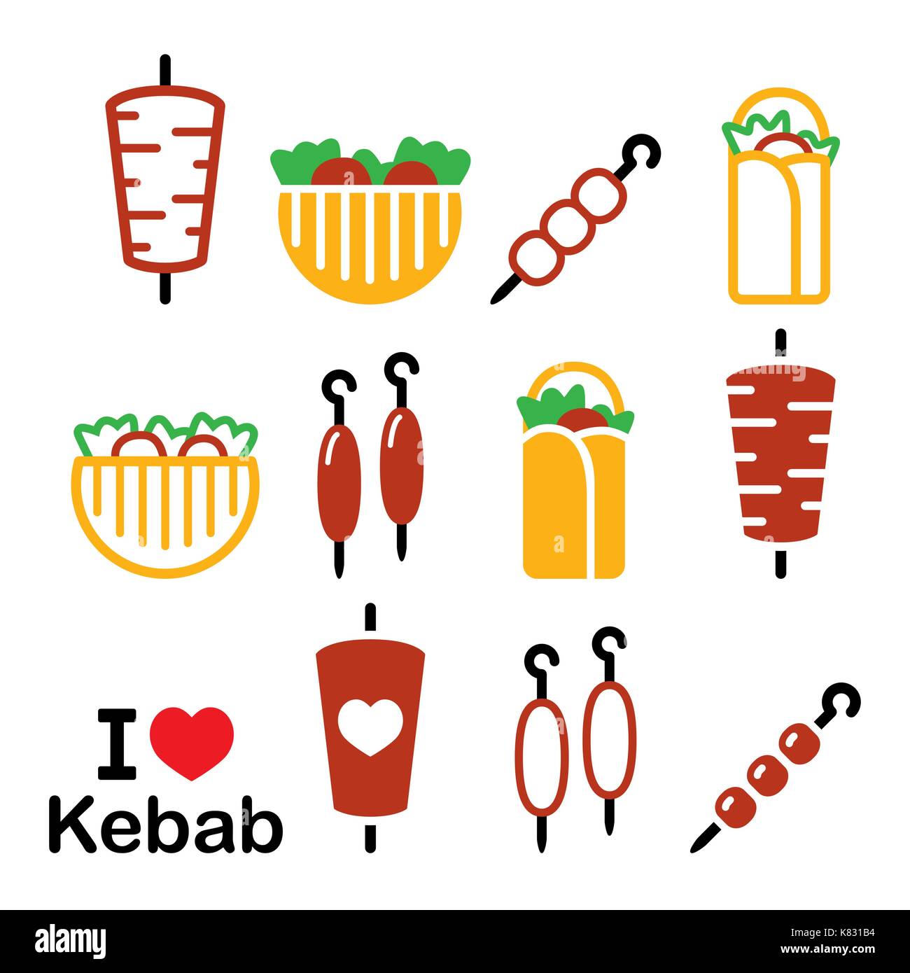 Doner kebab vector icons, kebab in wrap or pita bread, shish and adana kebab skewers design set Stock Vector