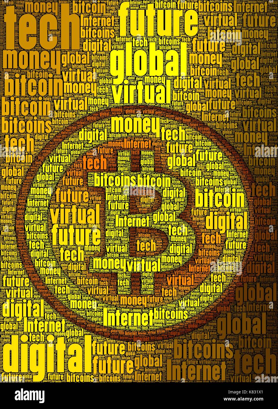 Bitcoin concept cover made only using words to make the entire thing. Words include, Future, Global, Bitcoin, Tech...and many more. Stock Photo