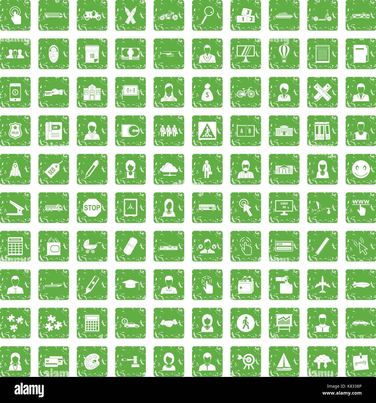 100 initiation icons set grunge green Stock Vector