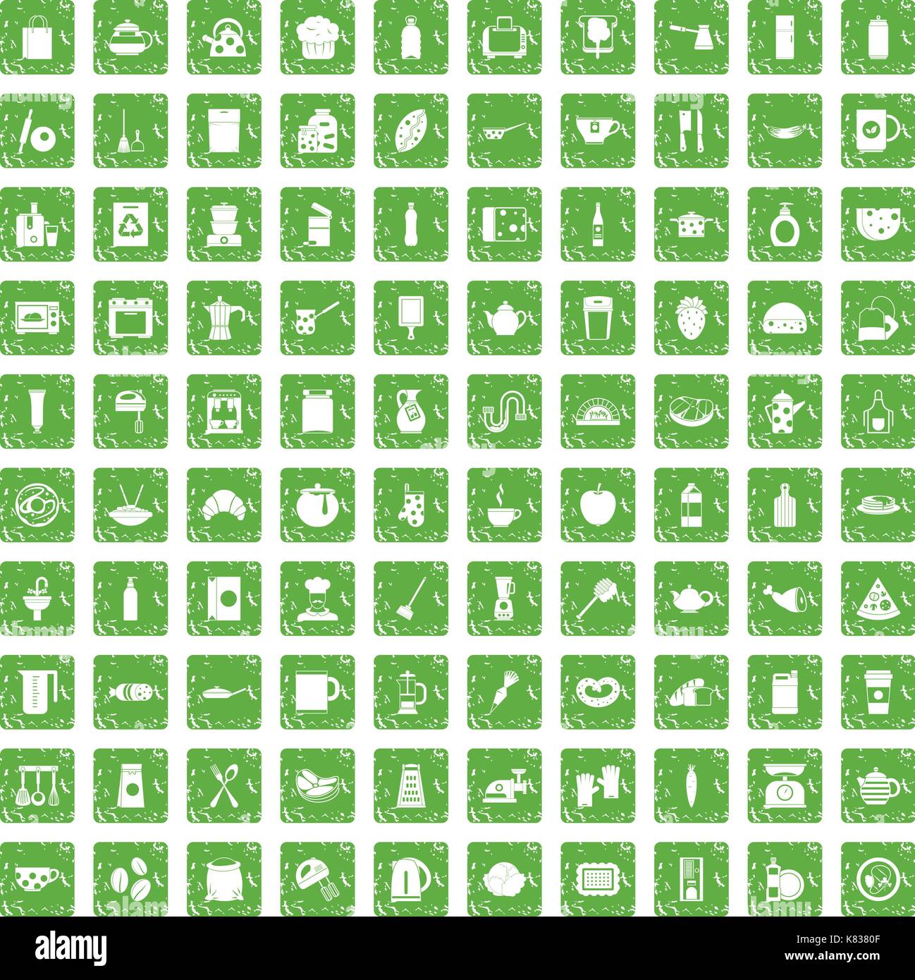 100 kitchen icons set grunge green Stock Vector