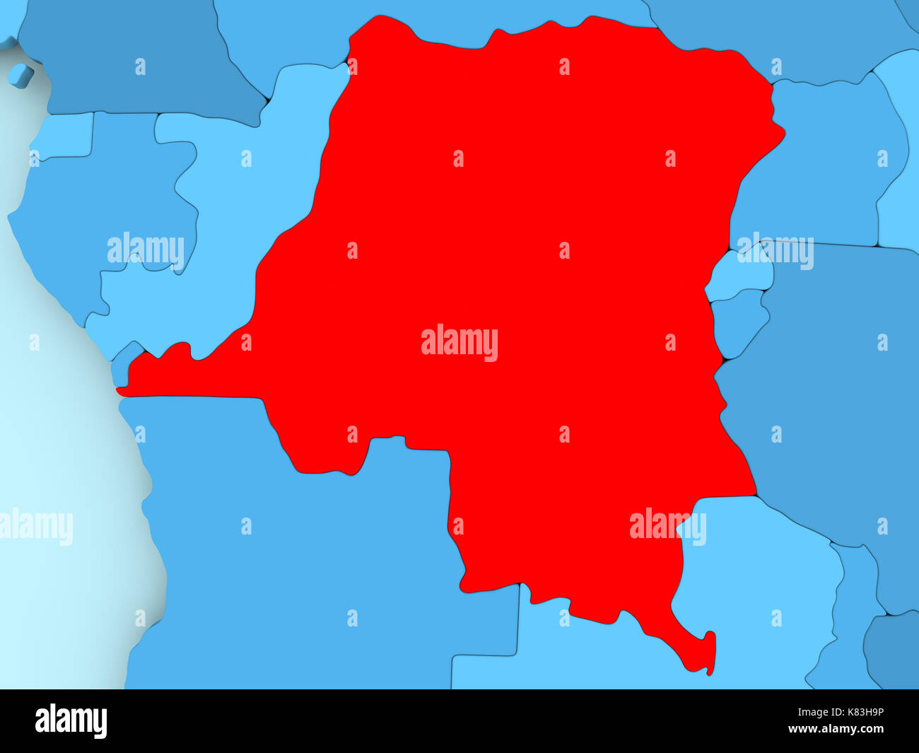 Democratic Republic of Congo in red on blue political map. 3D ...
