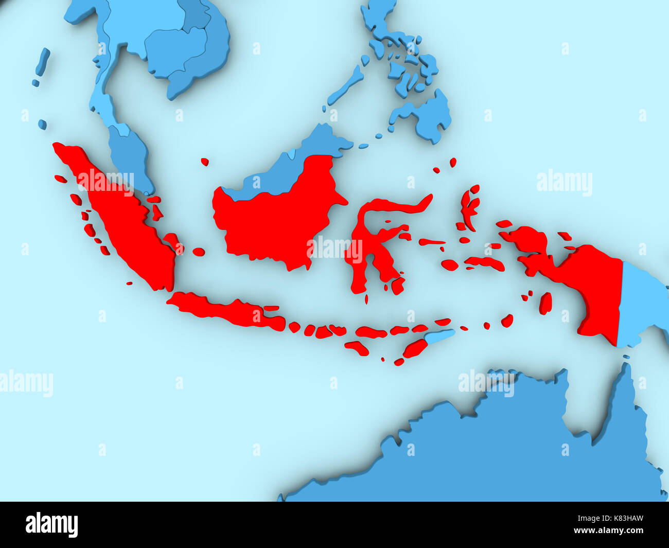 Indonesia in red on blue political map. 3D illustration. Stock Photo