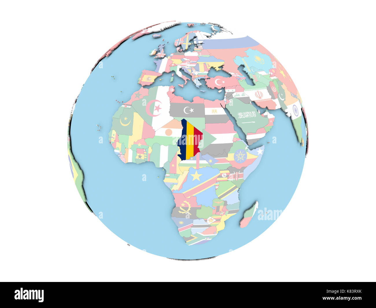 Chad On Political Globe With Embedded Flags. 3D Illustration Isolated ...