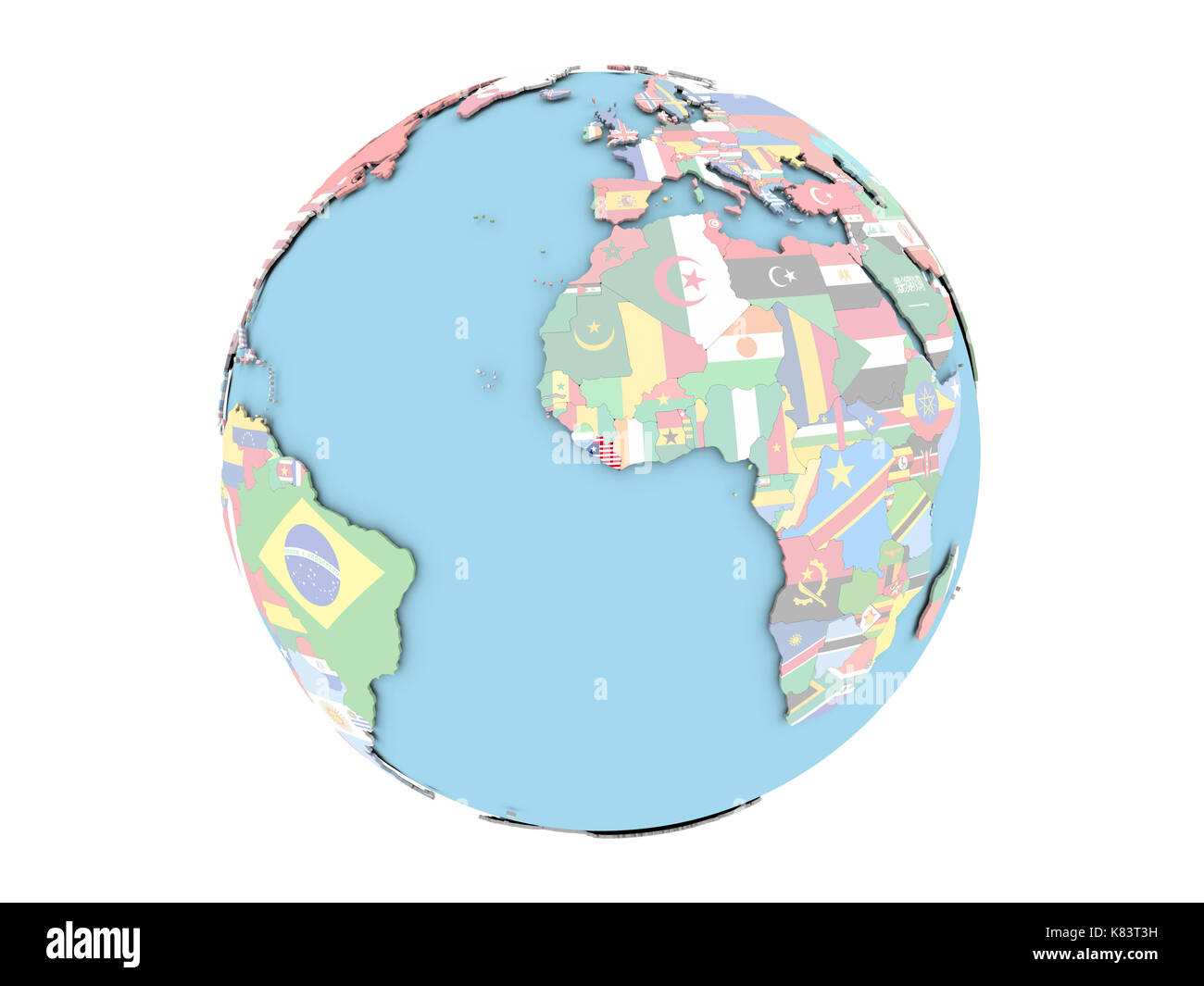 Liberia on political globe with embedded flags. 3D illustration ...
