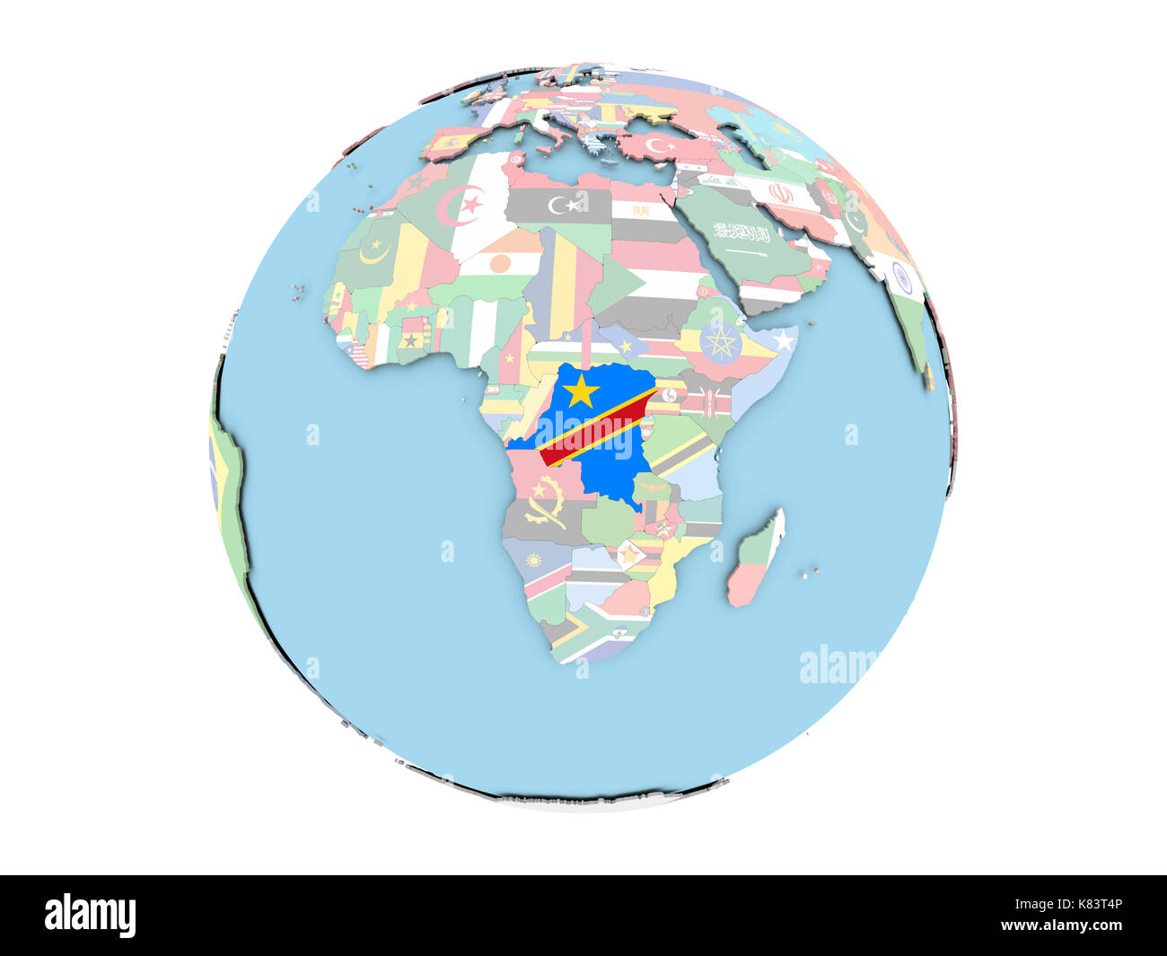 Democratic Republic of Congo on political globe with embedded flags. 3D illustration isolated on white background. Stock Photo