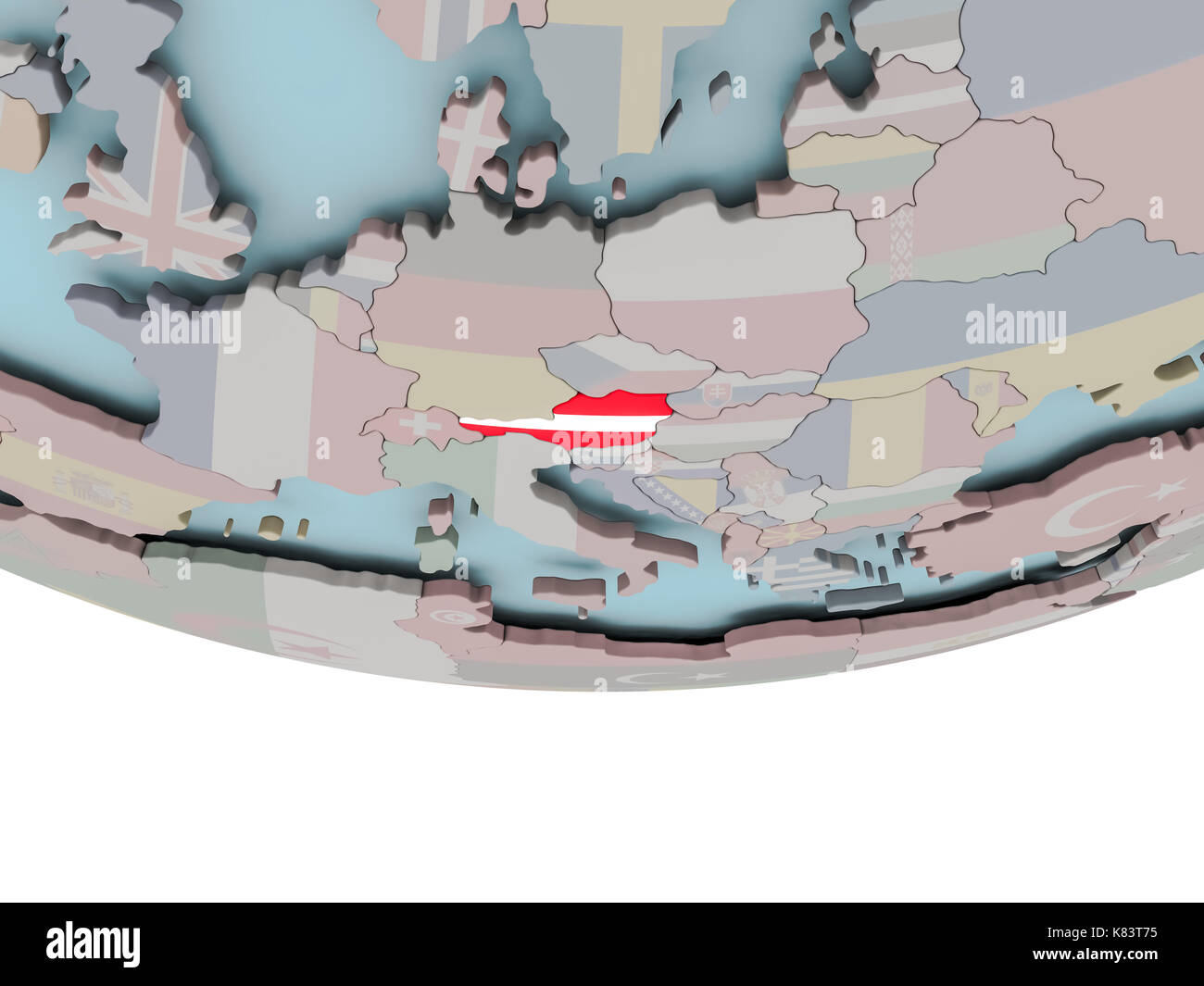 3D illustration of Austria with embedded flag on political globe. 3D ...