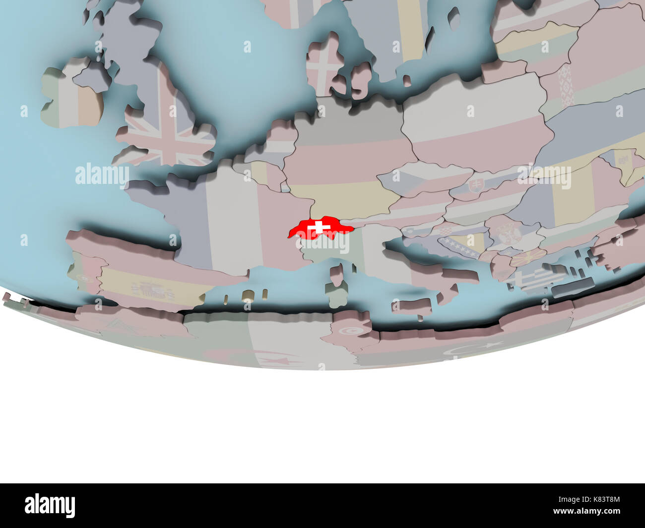 3D illustration of Switzerland with embedded flag on political globe ...