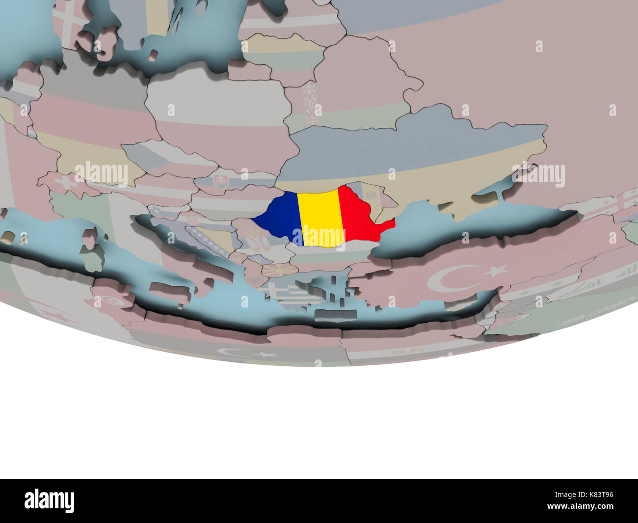 3D illustration of Romania with embedded flag on political globe. 3D ...