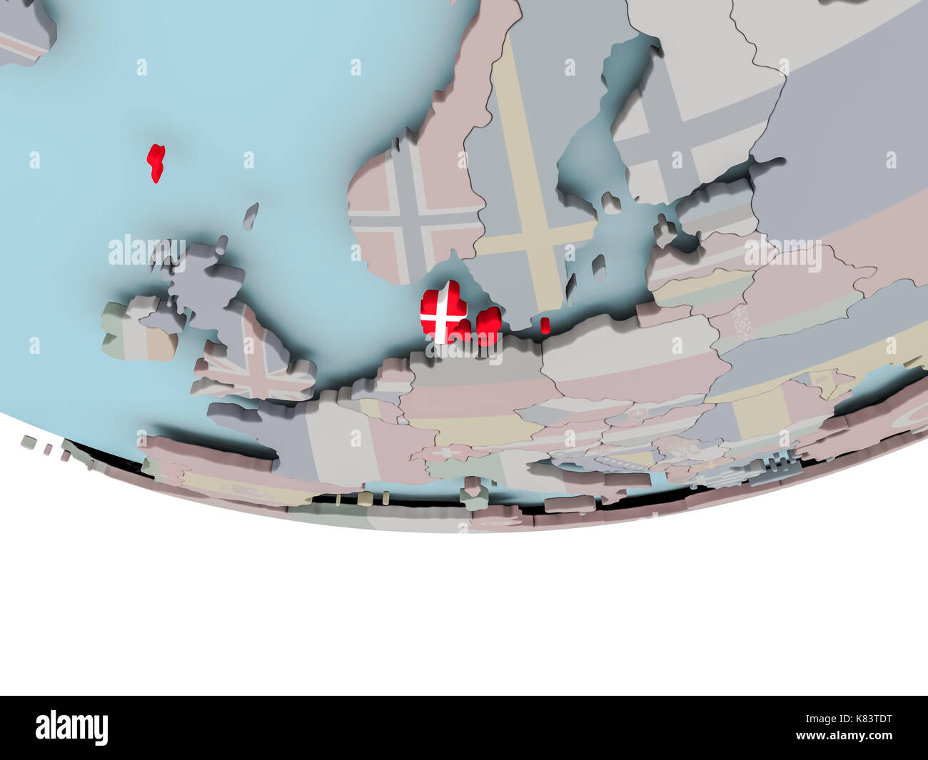 3D illustration of Denmark with embedded flag on political globe. 3D ...