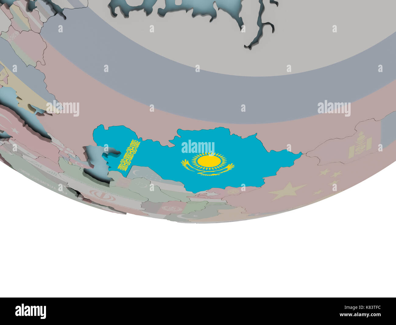 3D illustration of Kazakhstan with embedded flag on political globe. 3D ...