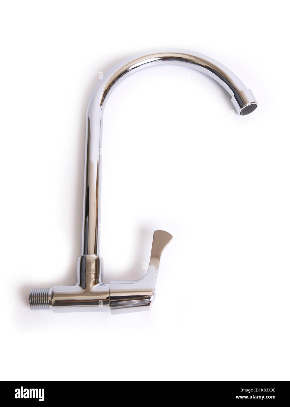 Long and bend stainless steel faucet for washing basin on white background. Stock Photo