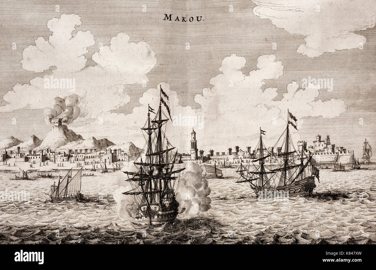 Battle of Macau, 21-24 June 1622. Portuguese repel Dutch attack. Harbour of Macau ('Makou'). Dutch war ship firing cannons. Tower on a hill firing cannons. Stock Photo