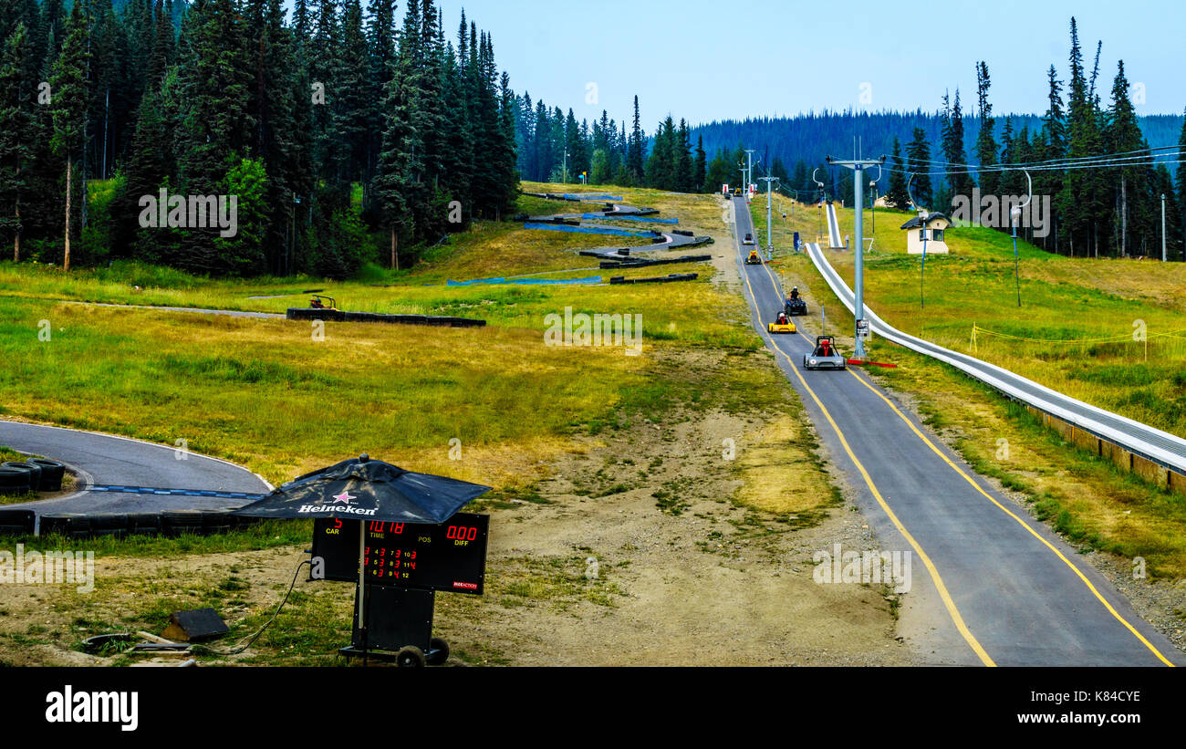 Mountain cross cart track in the alpine village of Sun Peaks on August 12, 2017. The gravity track is on a hill used in winter for skiing Stock Photo