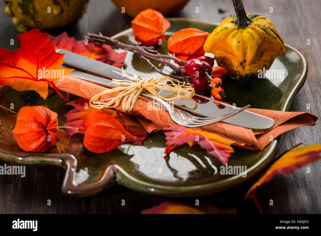 Autumn and Thanksgiving table setting Stock Photo