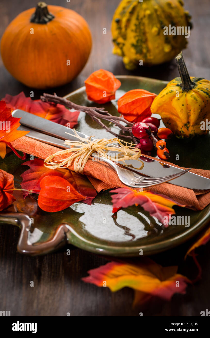 Autumn and Thanksgiving table setting Stock Photo