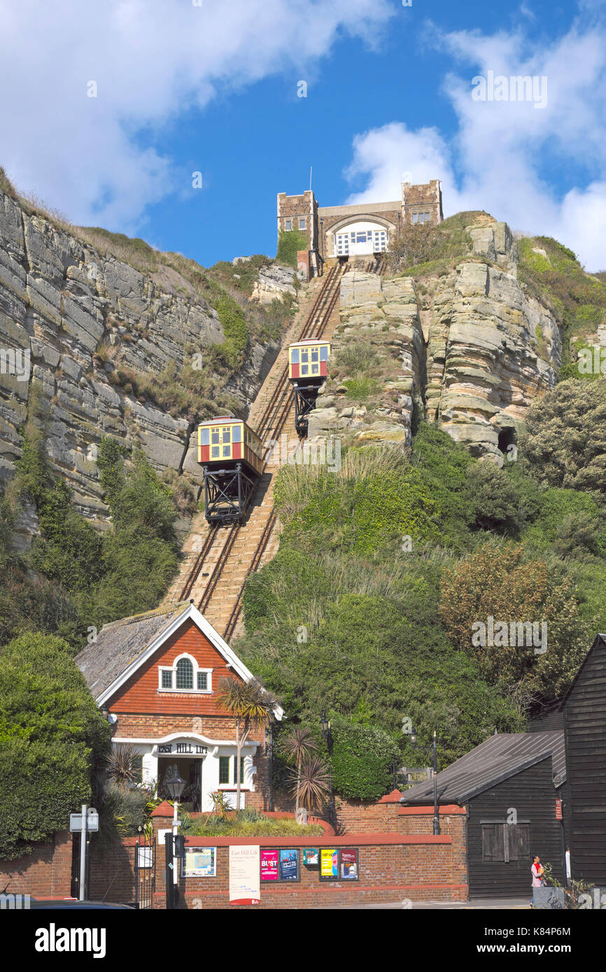 Hastings East Hill Cliff Railway, East Hill Lift, a funicular railway at Rock-a-Nore, giving access to Hastings cliff top Country Park, East Sussex UK Stock Photo