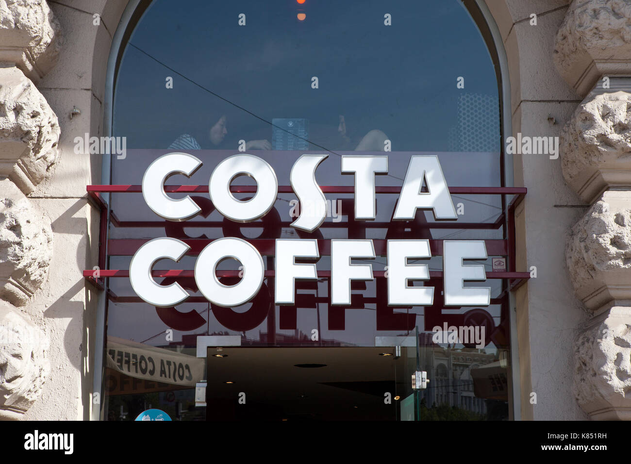 Costa coffee sign on a building. Costa Coffee is a British multinational coffeehouse company