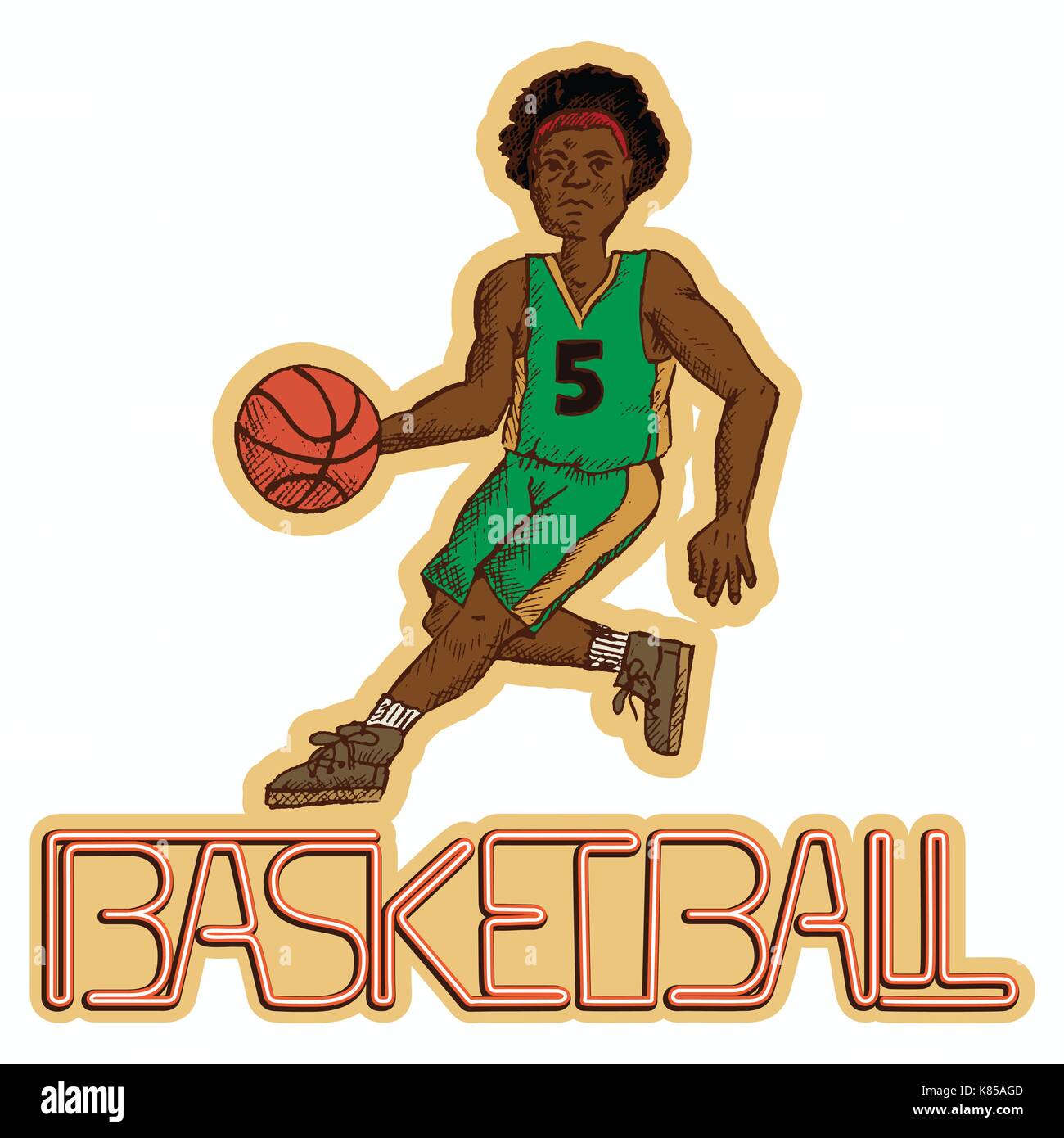 vector illustration of a basketball player with the writing basketball Stock Vector