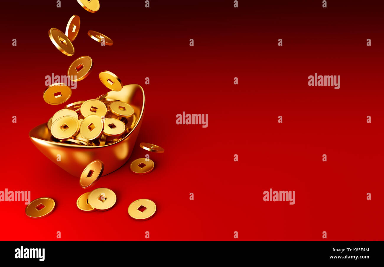 Gold coins dropping on gold sycee ( yuanbao ) on red background, Chinese New Year Stock Photo
