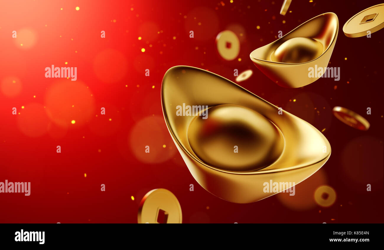 Gold coins and gold sycee ( yuanbao ) on red background Stock Photo