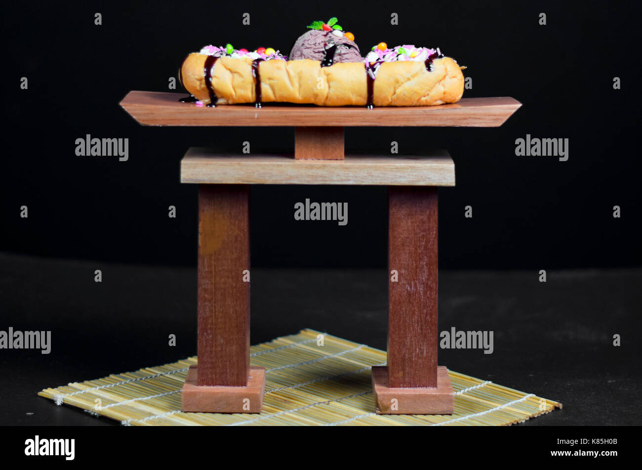 Bread with ice cream in it with various mixed flavors Stock Photo