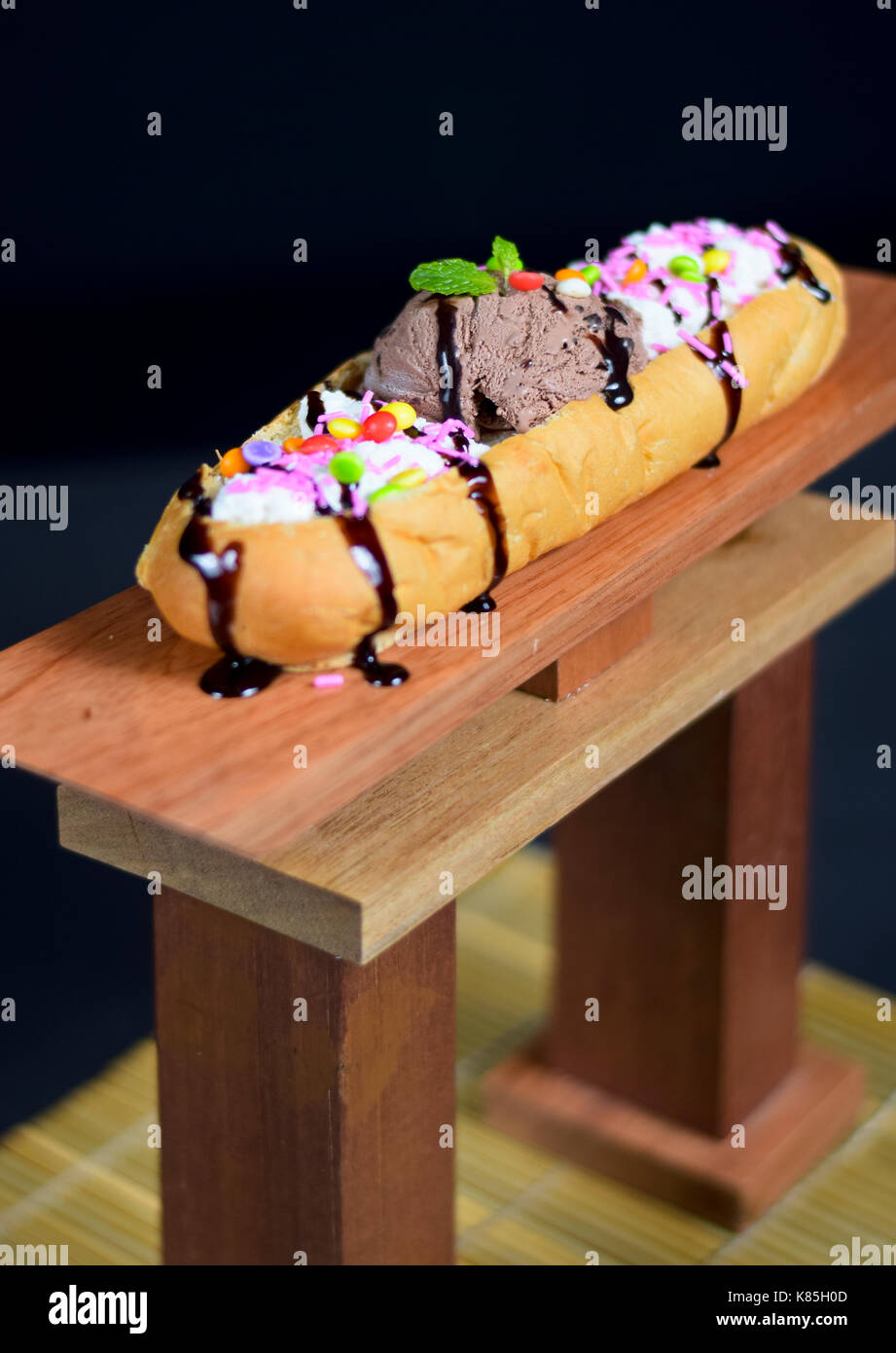 Bread with ice cream in it with various mixed flavors Stock Photo