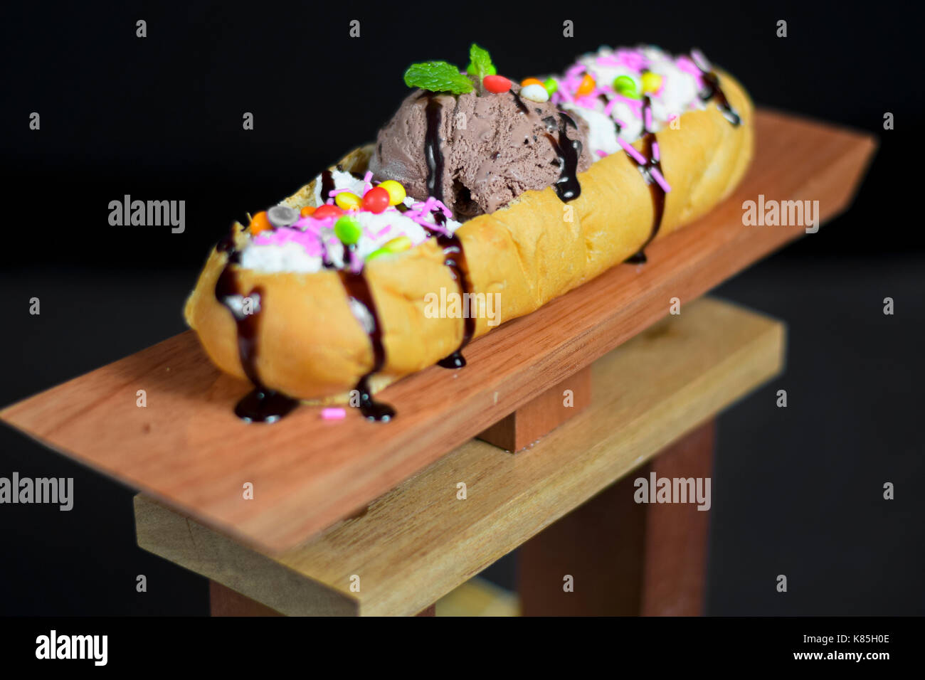 Bread with ice cream in it with various mixed flavors Stock Photo