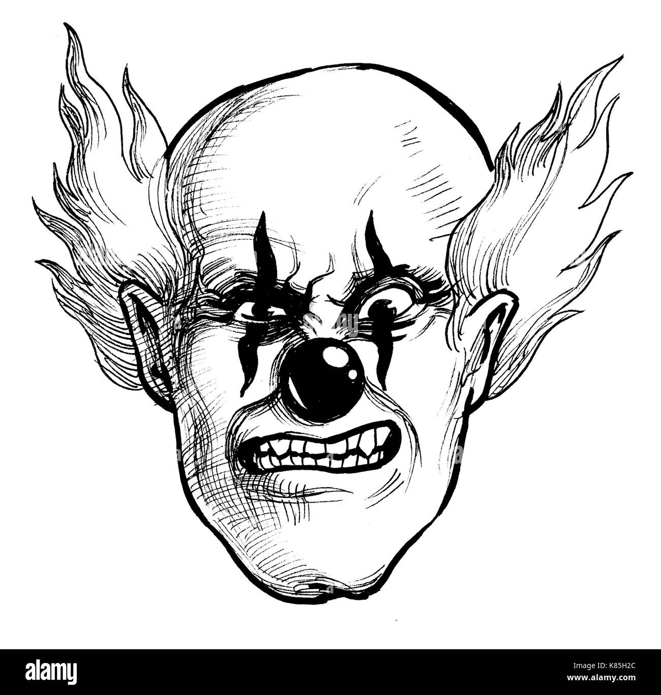 Evil clown. Ink black and white drawing Stock Photo