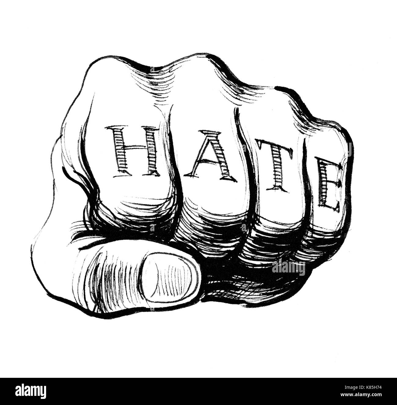 Fist with a HATE tattoo. Ink black and white drawing Stock Photo - Alamy