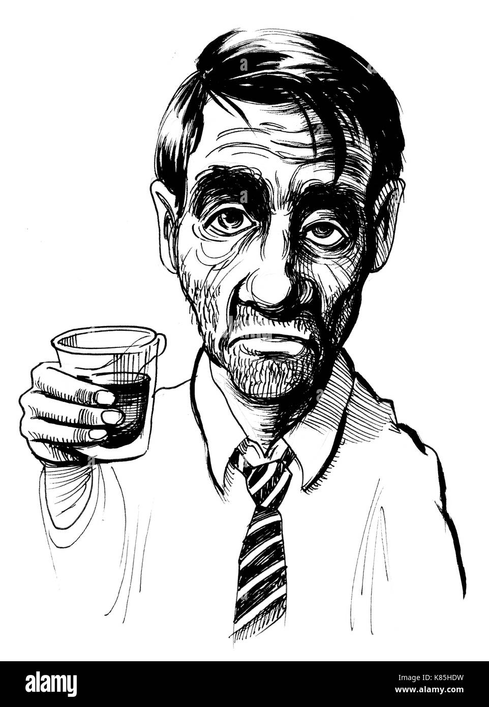 Drunkard with a glass of whiskey. Ink black and white illustration Stock Photo