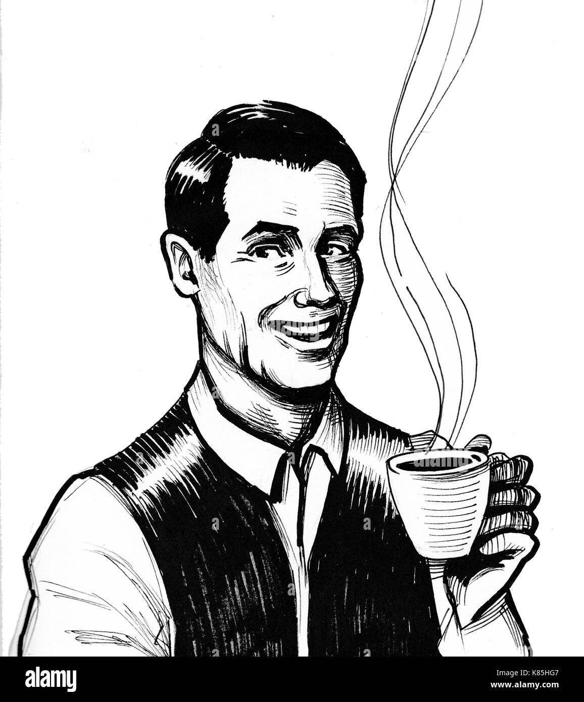 Man with a cup of tea. Ink black and white illustration Stock Photo - Alamy