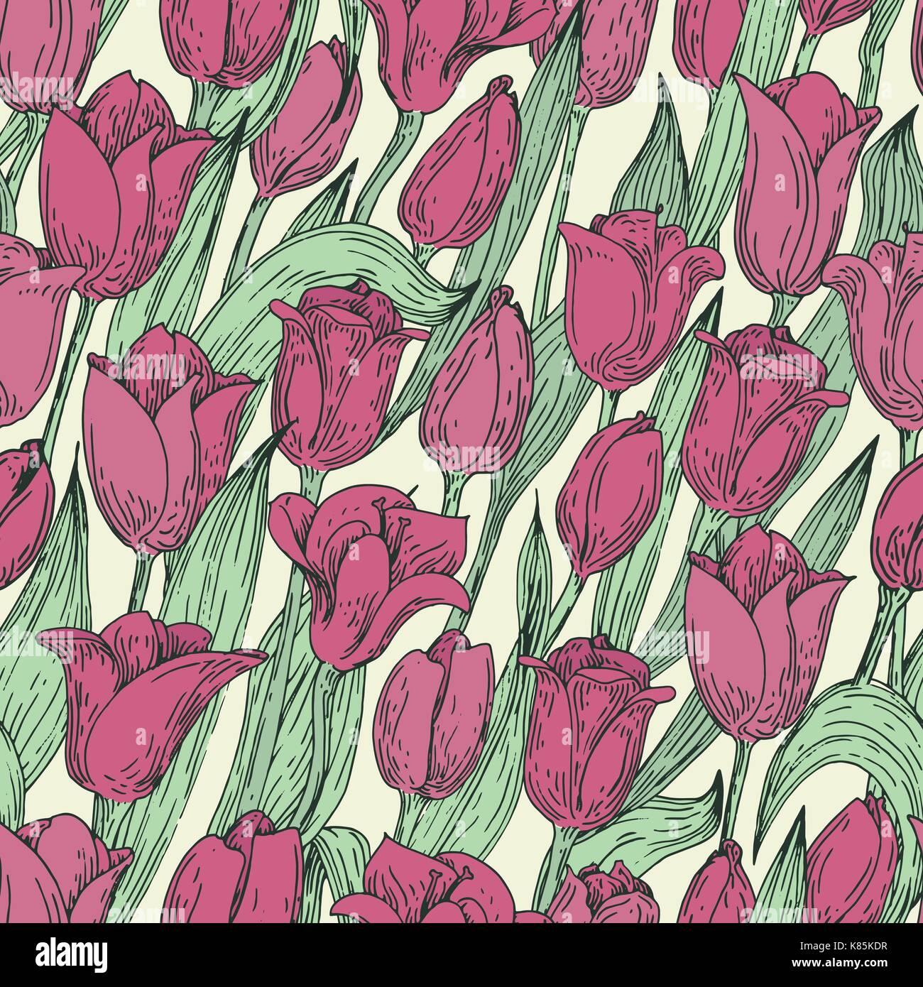 Seamless vector floral pattern with tulips. Hand drawn illustration ...