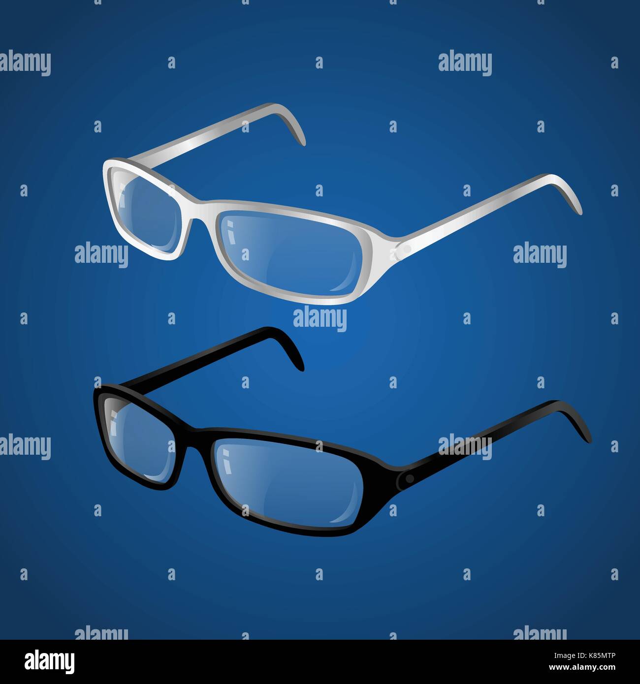 Black and white glasses - modern vector realistic isolated object illustration on gradient blue background. Use this high quality clip art for present Stock Vector