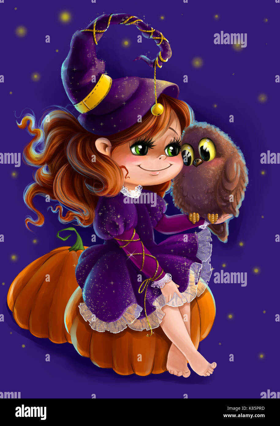 Illustration of a Halloween Witch, with her owl Stock Photo