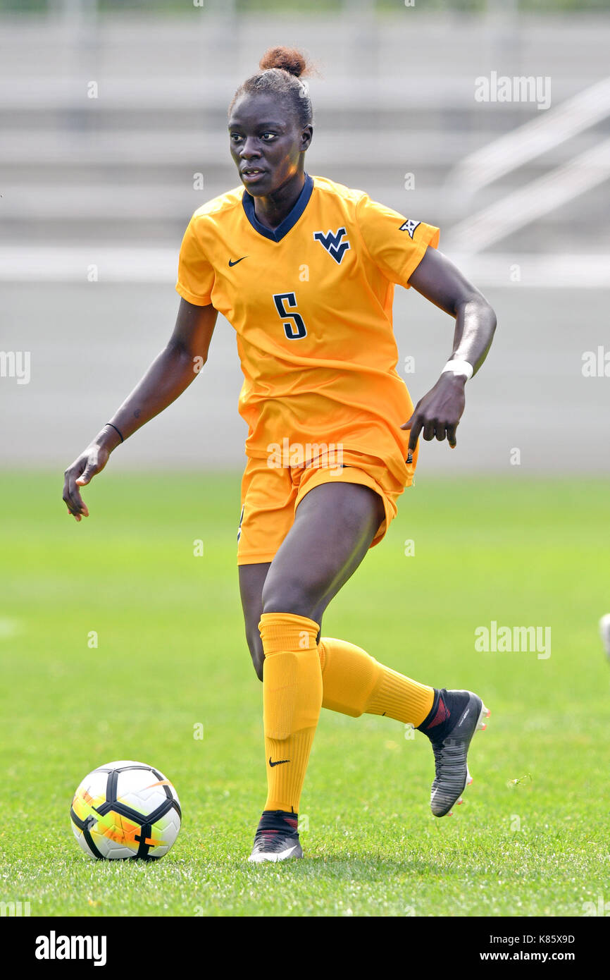 Princeton, New Jersey, USA. 17th Sep, 2017. West Virginia MICHAELA ABAM (5)  controls a ball during a NCAA women's soccer match played at Roberts  Stadium in Princeton, NJ. WVU beat LaSalle 1-0.