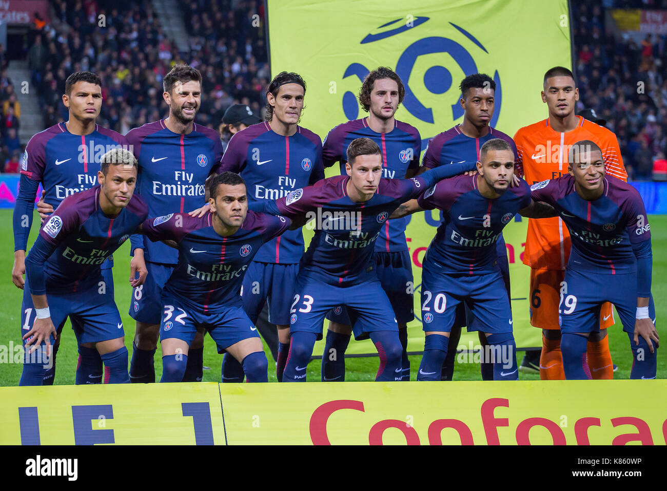 PSG team line up before the French Ligue 1 soccer match between Paris Saint Germain (PSG) and Olympique Lyonnais (OL) at Parc des Princes. On September 17, 2017 in Paris, France Stock Photo