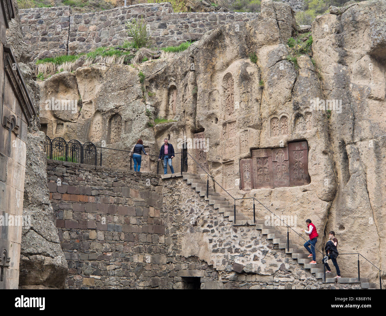 Geghard Monastery, Geghardavank, in the Azat River gorge, one of several UNESCO World Heritage listed sites in Armenia, partly carved into the cliff Stock Photo