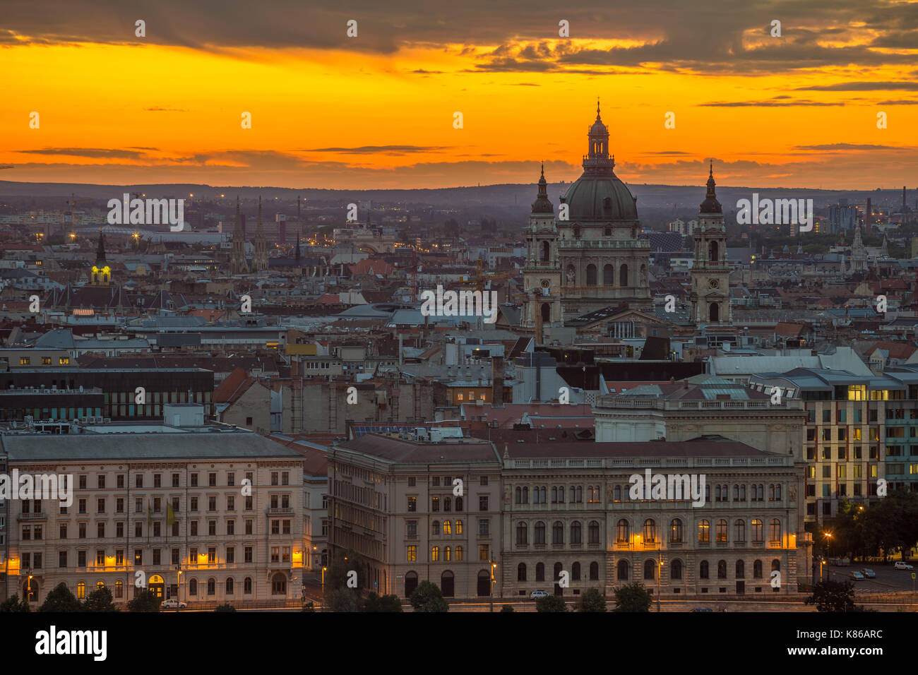 Budapest, Hungary - Golden sunrise over Budapest with the Saint Stephen's Basilica Stock Photo