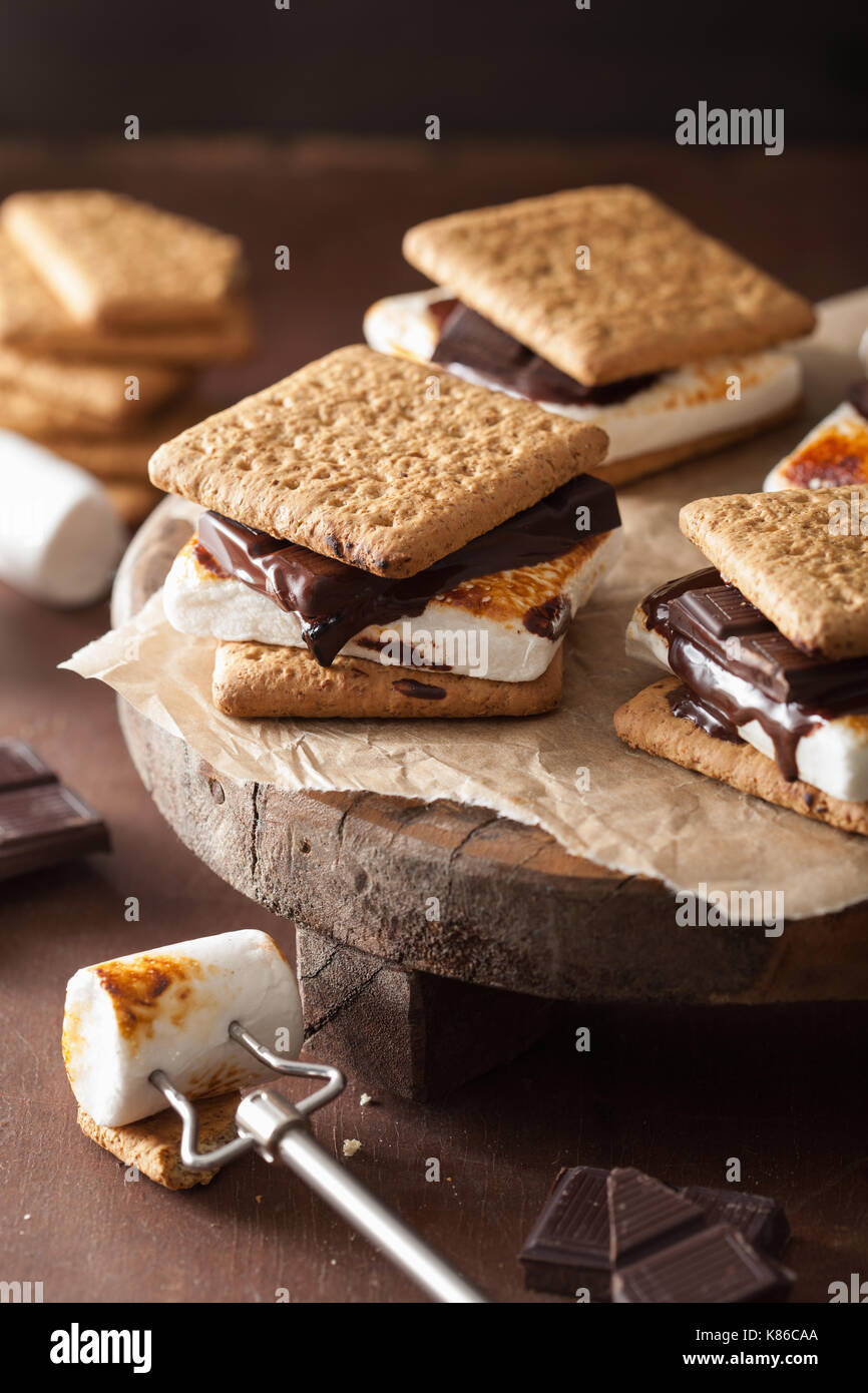 homemade marshmallow s'mores with chocolate on crackers Stock Photo Alamy