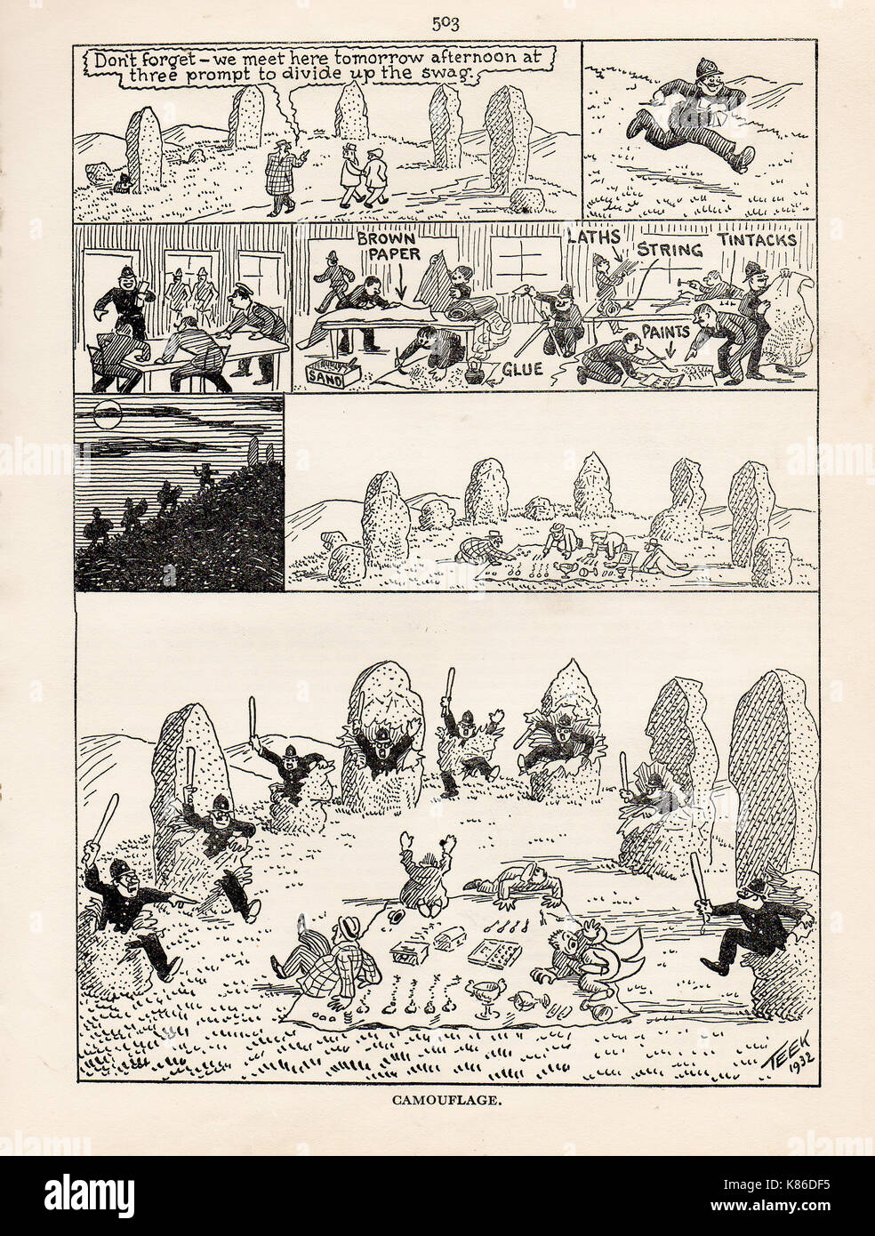 Stonehenge - Cops & Robbers - Camouflage - A strip cartoon from the BOYS OWN ANNUAL 1932/1933 Stock Photo