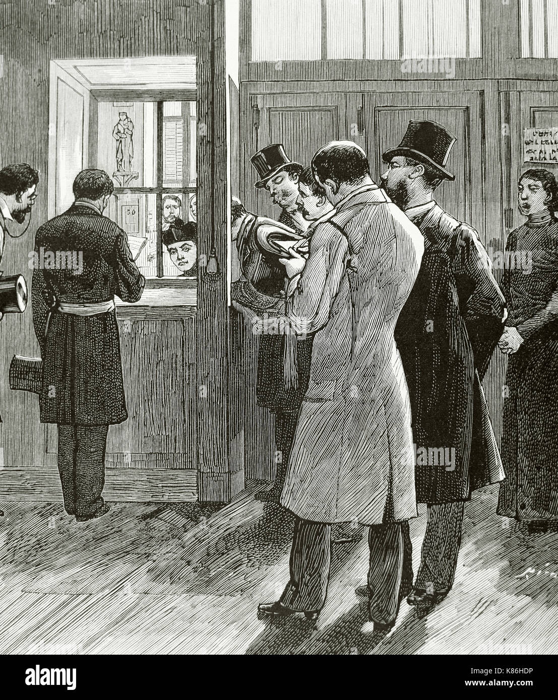 History of France. Expulsion of the Jesuits. Police commissioners requiring the Jesuit Fathers to leave the premises, in the foyer of the Headquarters of Sevres Street in Paris. Engraving. 'La Ilustracion Espanola y Americana', 1880. Stock Photo